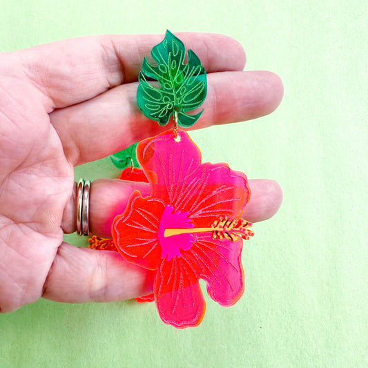 Neon Pink Hibiscus Flower Dangles