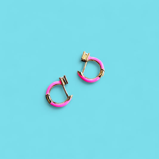 Hot Pink Diamond and Enamel Huggie Hoops