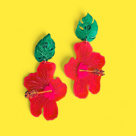 Neon Pink Hibiscus Flower Dangles
