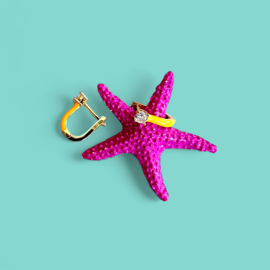 Yellow Enamel and Diamond Huggie Hoops